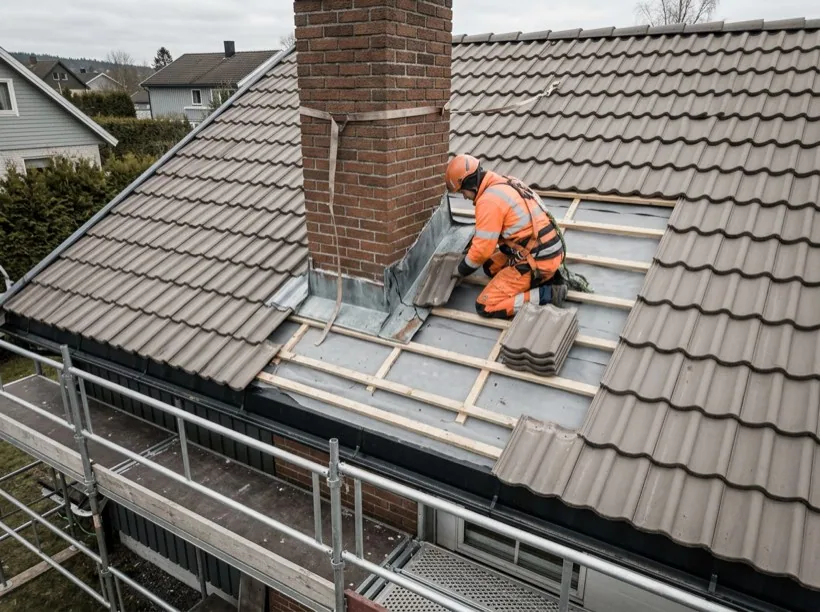 Illustrasjon av arbeid ved pipebeslag på et tegltak