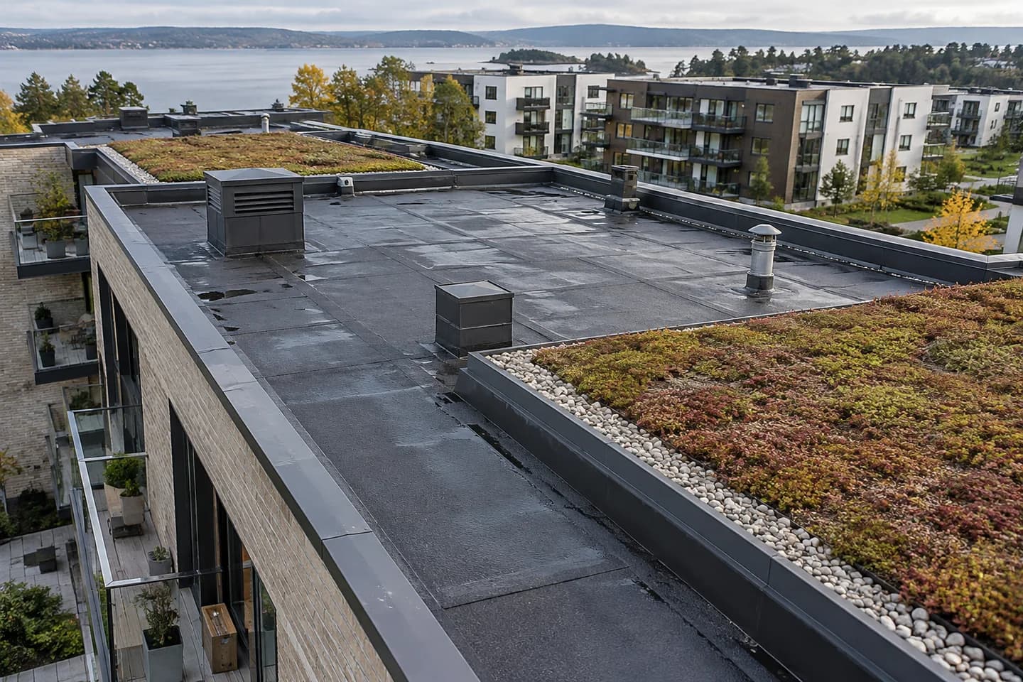 Illustrasjon: Boligtak i omgivelser inspirert av Fornebu