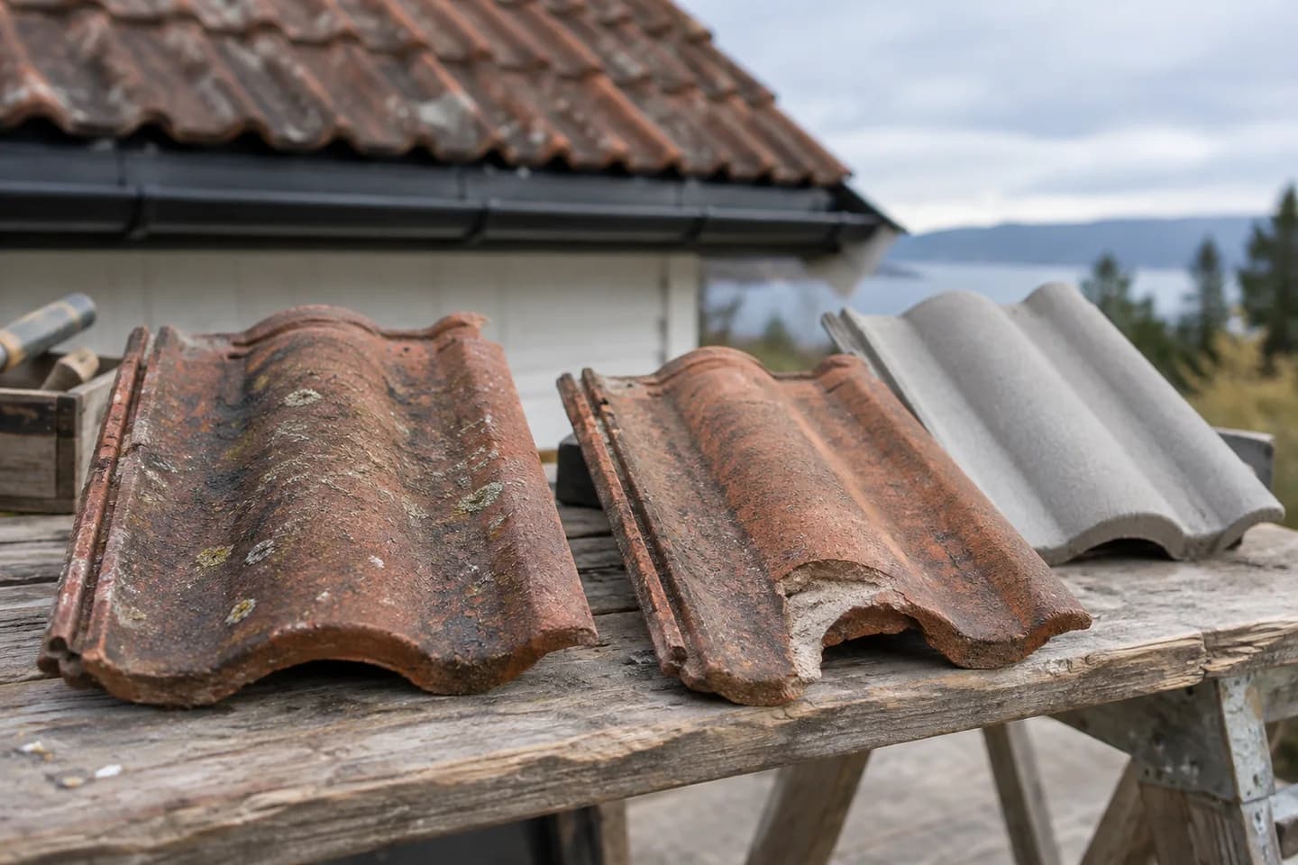Illustrasjon: Slitte og nye taksteinprøver på en arbeidsbenk