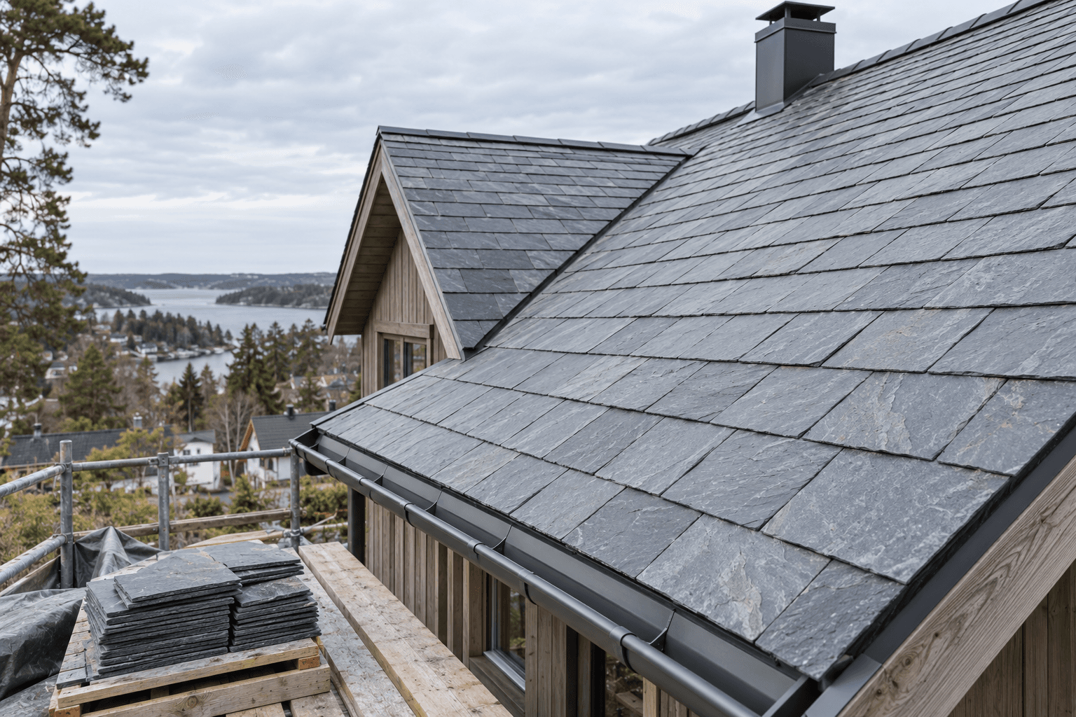 Illustrasjon: Skifertak med overlappende heller, takrenne og reservestein på en stillasplattform. Generert illustrasjon, ikke et dokumentert oppdrag.