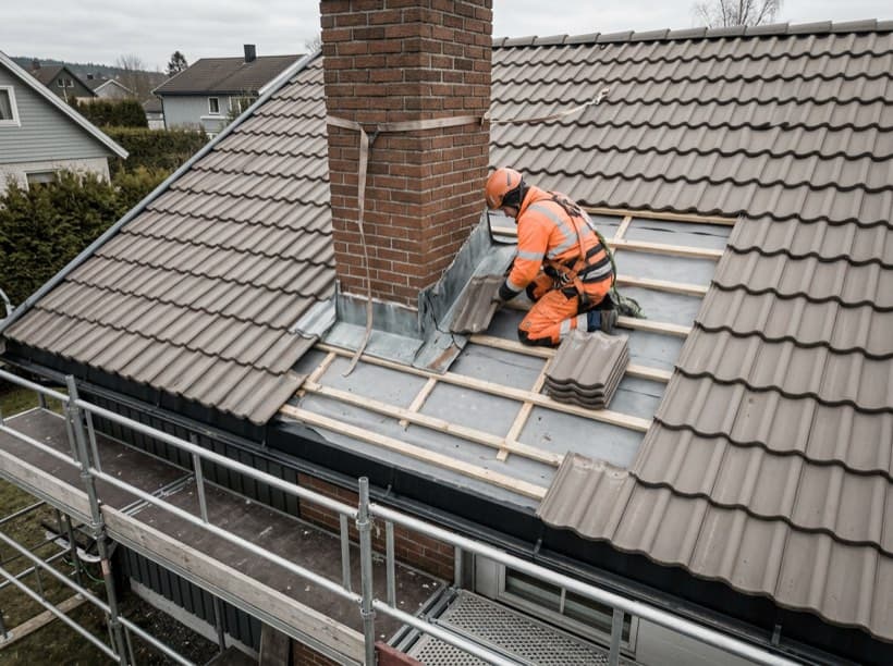 Illustrasjon av en takarbeider som tilpasser beslag rundt en pipe.