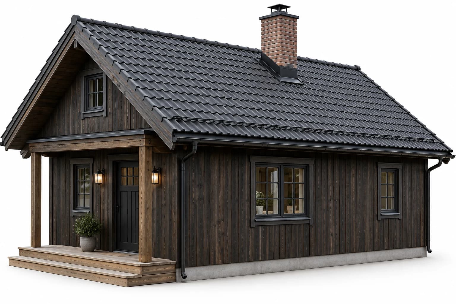 Illustrert trehytte med tydelig takkant, pipebeslag og renne med nedløp.