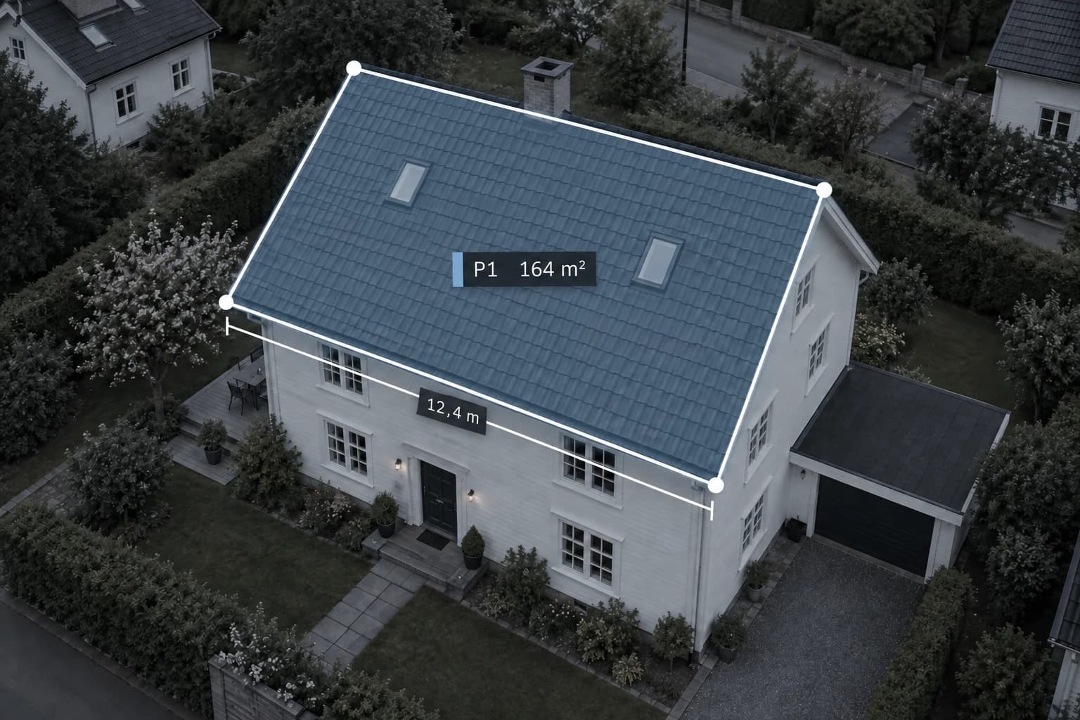 Illustrasjon av oppmålte takflater på en enebolig