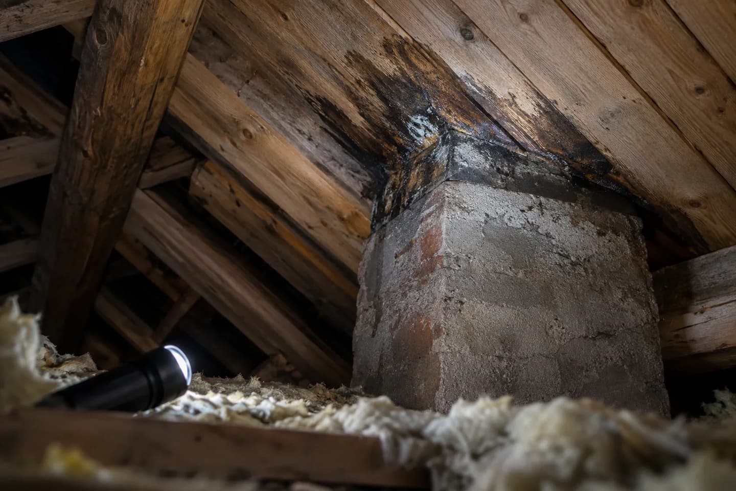 Illustrasjon: Fuktmerke på treverk ved en pipegjennomføring på loftet