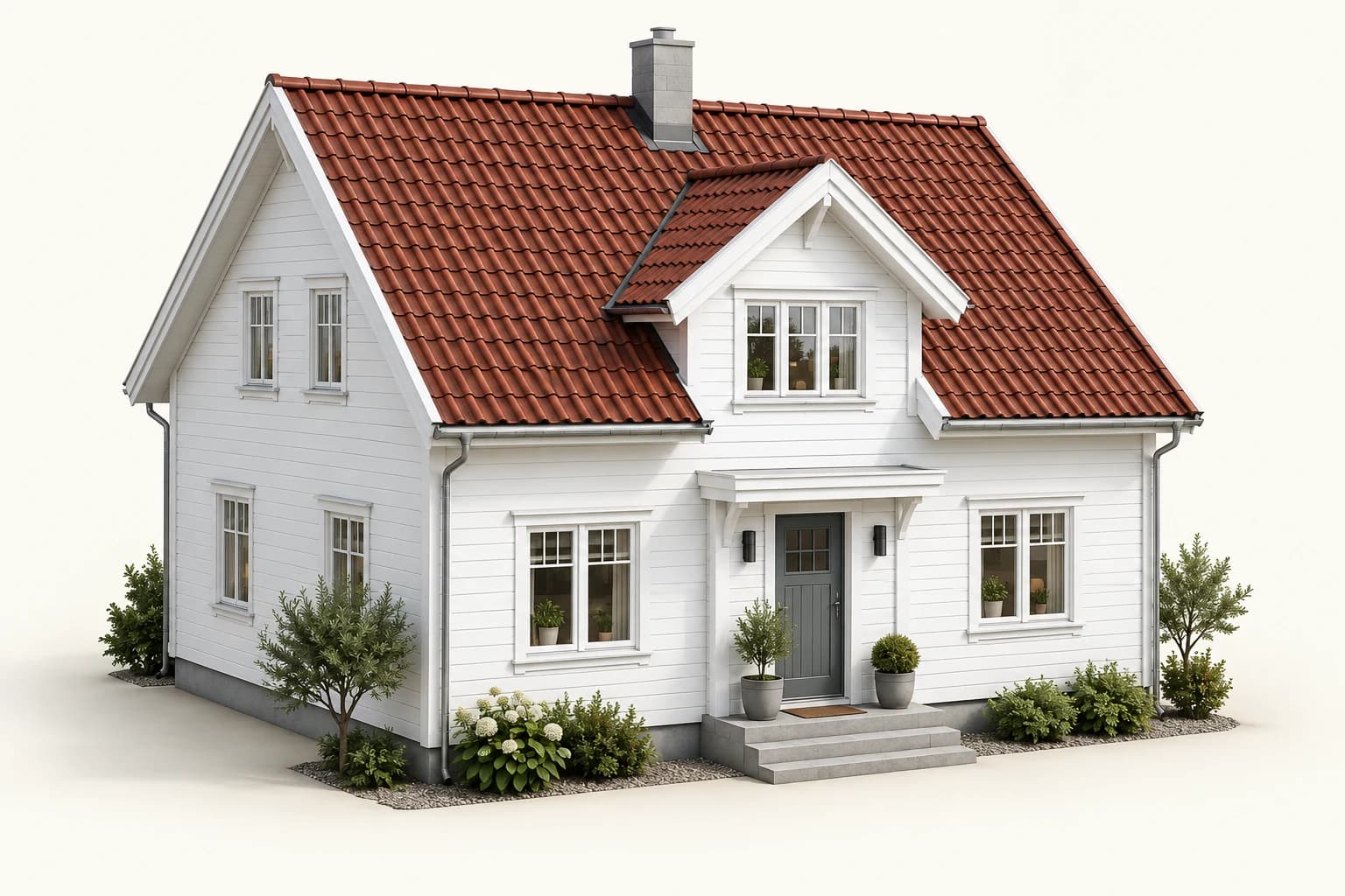 Illustrert hvit villa med tegl · natur