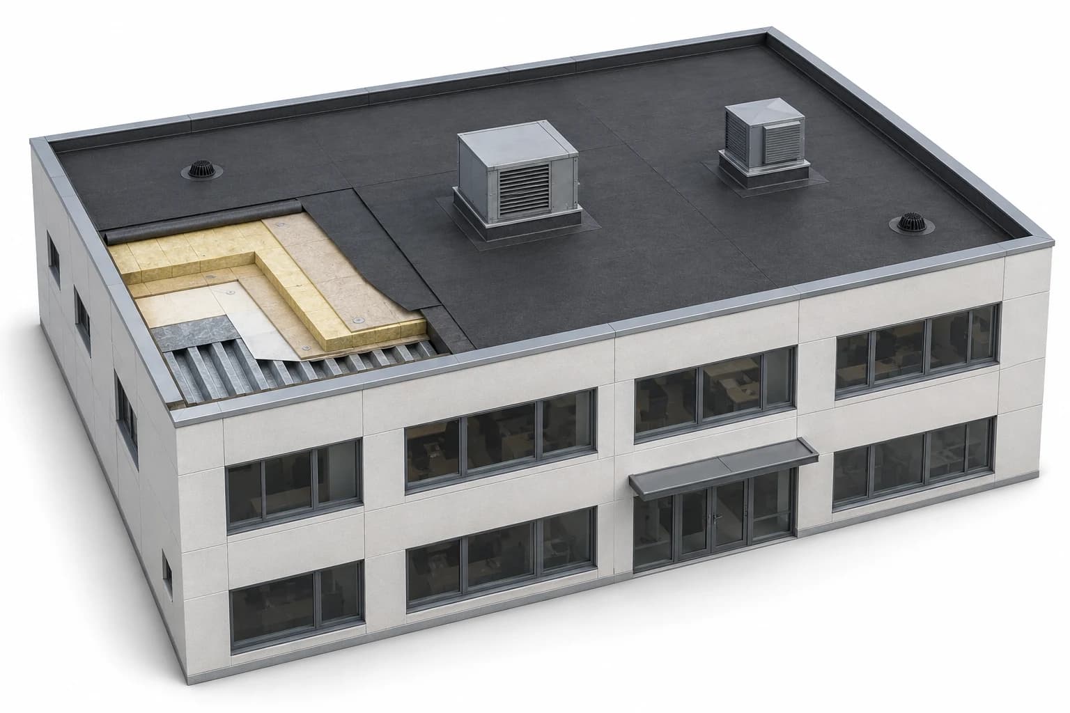 Illustrert næringsbygg med flatt tak, avgrenset arbeidsområde, ventilasjon og taksluk.